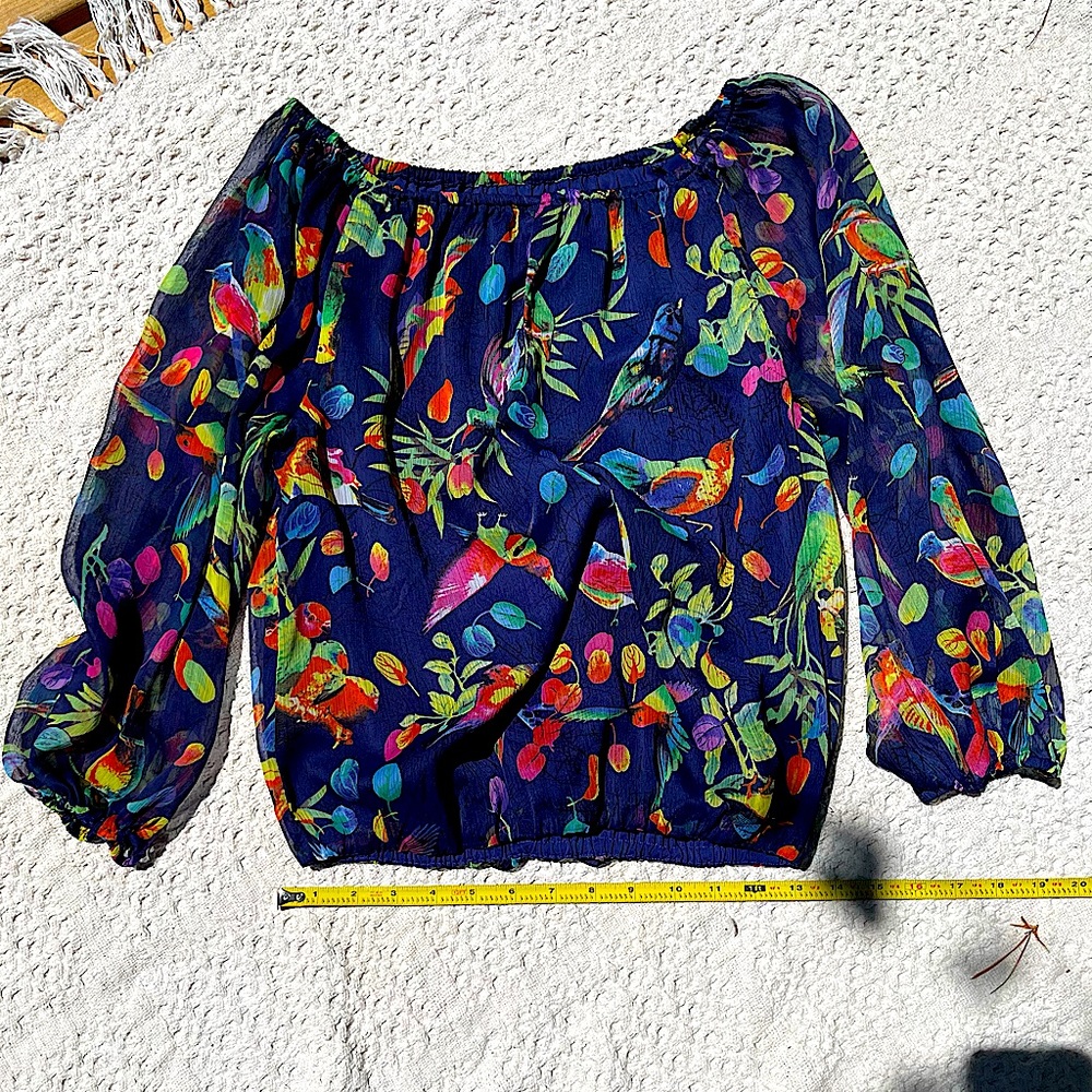 PHILOSOPHY BLUE BIRD BLOUSE•Sheer shell w/lining•elastic cuffs and waist•unique